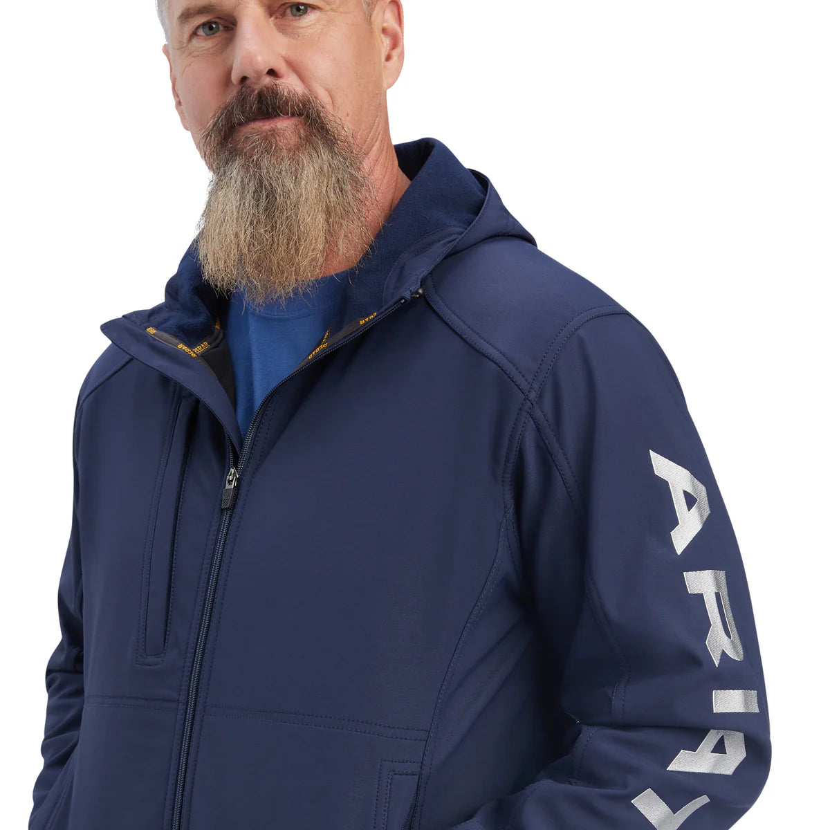ARIAT MENS REBAR STRETCH CANVAS SOFTSHELL HOODED LOGO JACKET NAVY / GREY
