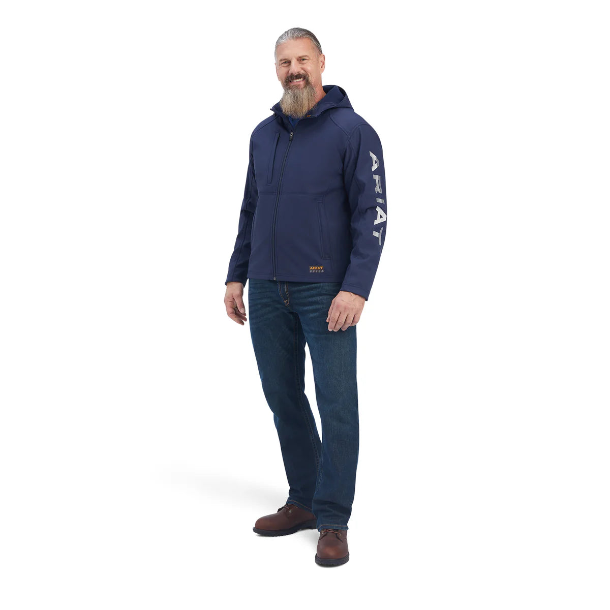 ARIAT MENS REBAR STRETCH CANVAS SOFTSHELL HOODED LOGO JACKET NAVY / GREY