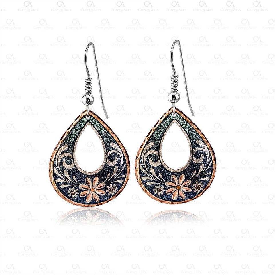 Copper Teardrop Green Daisy Flower Earrings