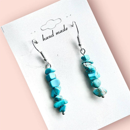 Turquoise Crystal Gravel Stone Earrings - Silver Plated