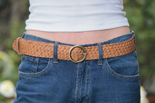Woven Washed Leather Belt - Belt-03