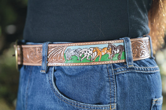 Tooling Leather Belt with Removable Buckle and Horse Paint Highlight- Belt09