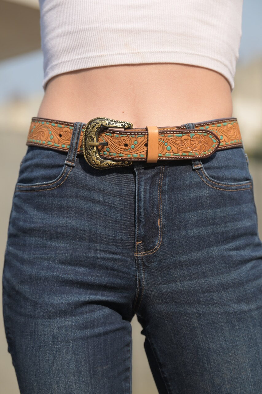 Tooling Leather Belt with Removable Buckle and Turq Paint Highlight- Belt08