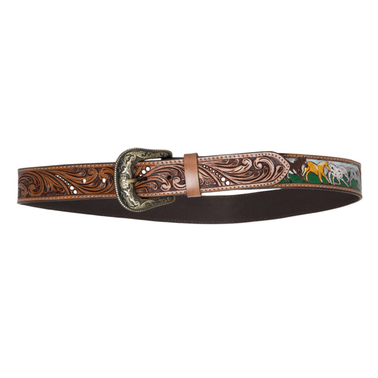 Tooling Leather Belt with Removable Buckle and Horse Paint Highlight- Belt09