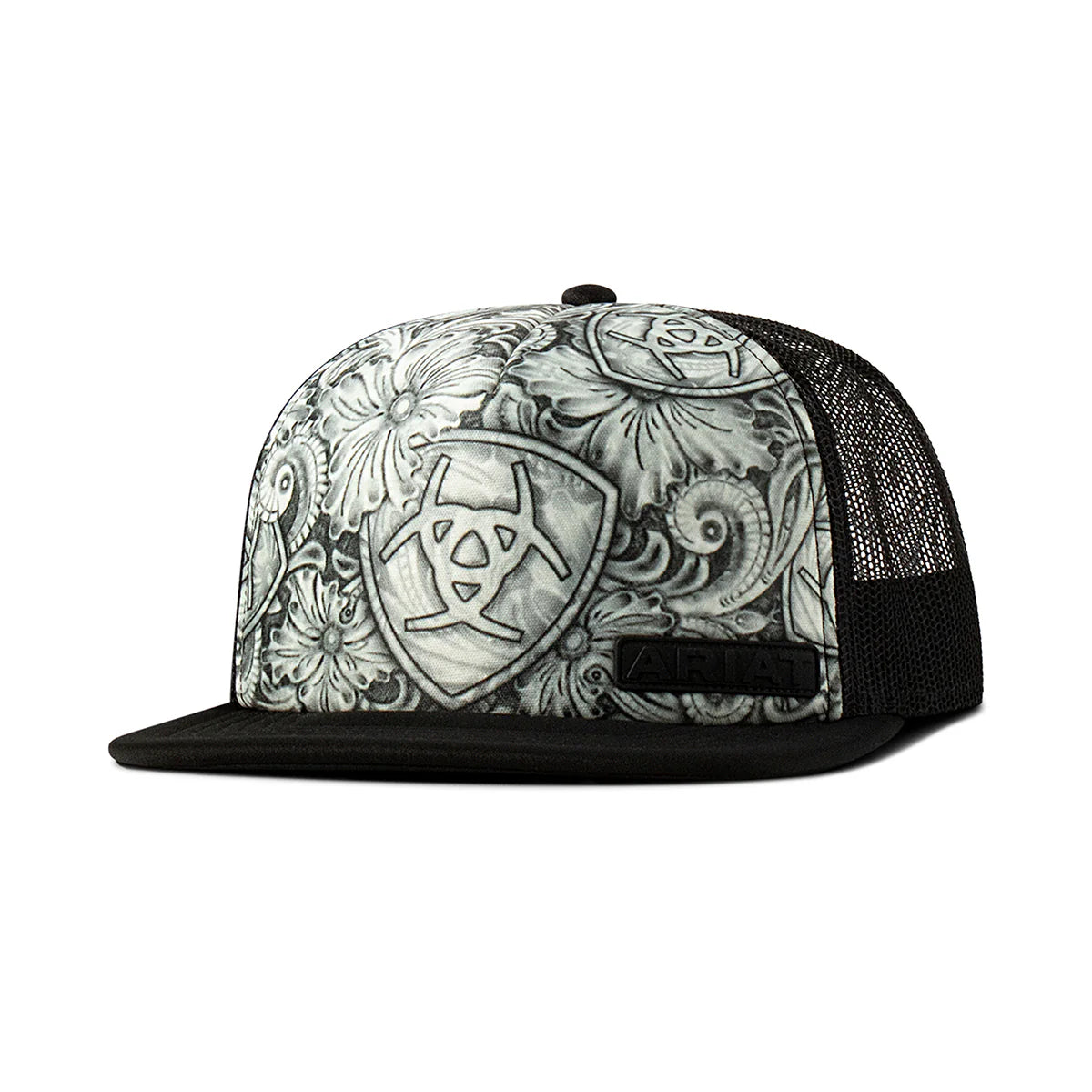 Men's Shield Logo Sketch Print Mesh Black White Snap Back Cap