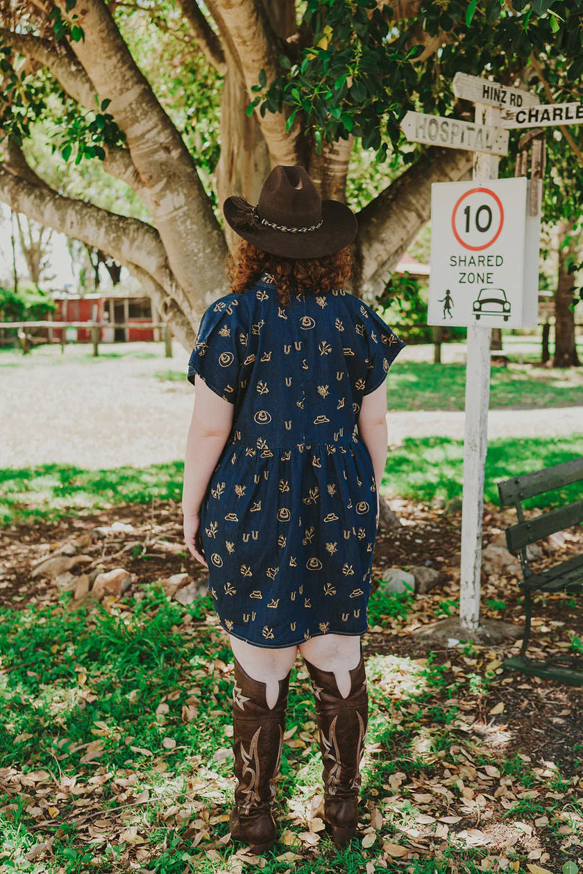Outback Linen Lady Jane Dark Denim Embroidered Dress