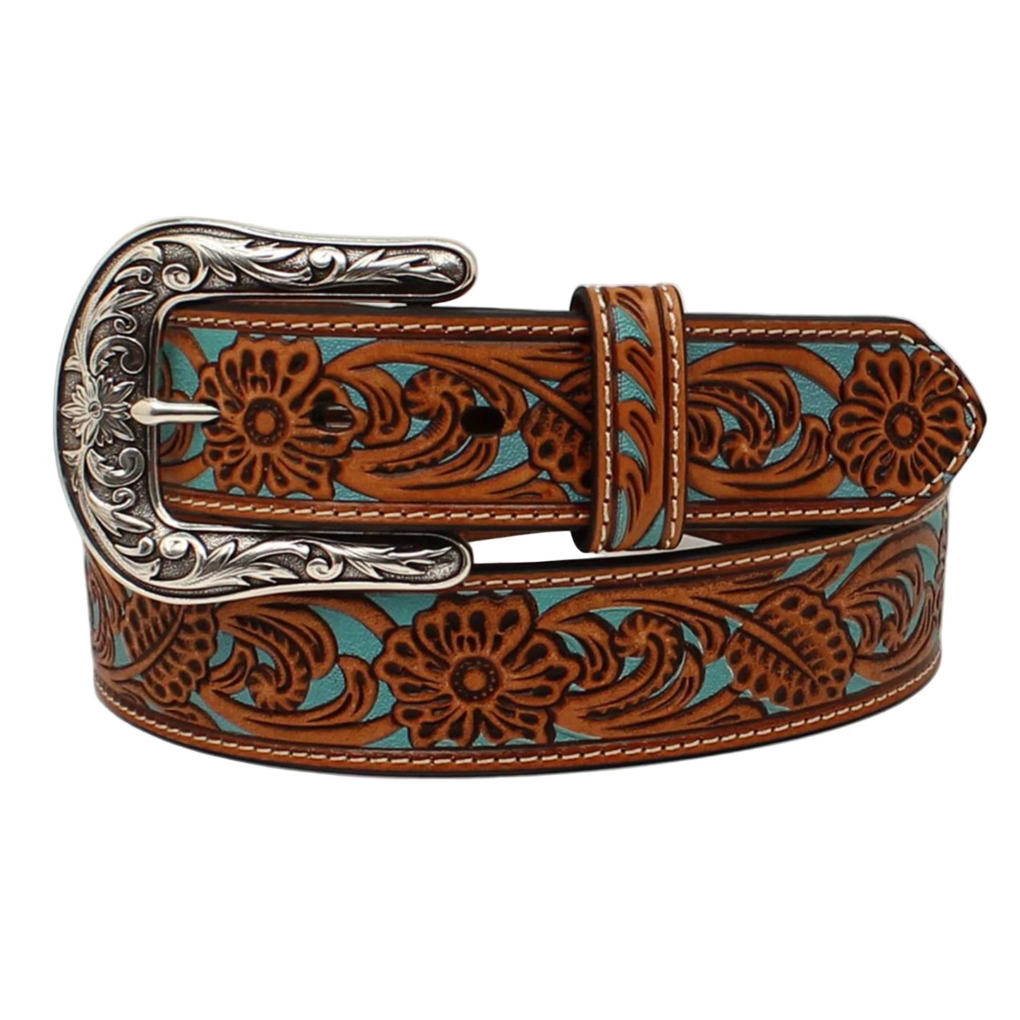 ARIAT WOMENS FLORAL TURQUOISE UNDERLAY BELT TAN - M 32