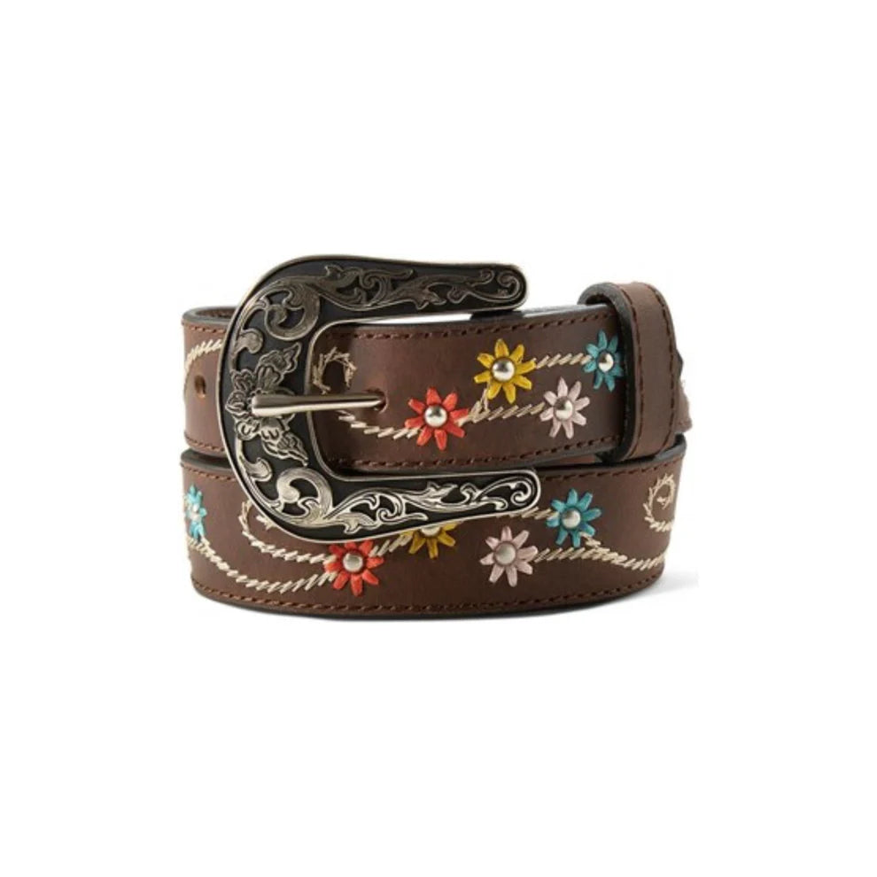 ARIAT GIRLS BELT EMBROIDERED FLOWERS BROWN