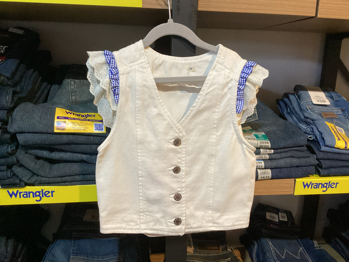 Red Lily Denim - White Denim Vest - Lace sleeves and gingham