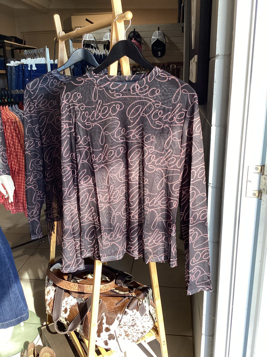 Western Rodeo Mesh Print Long Sleeve Top