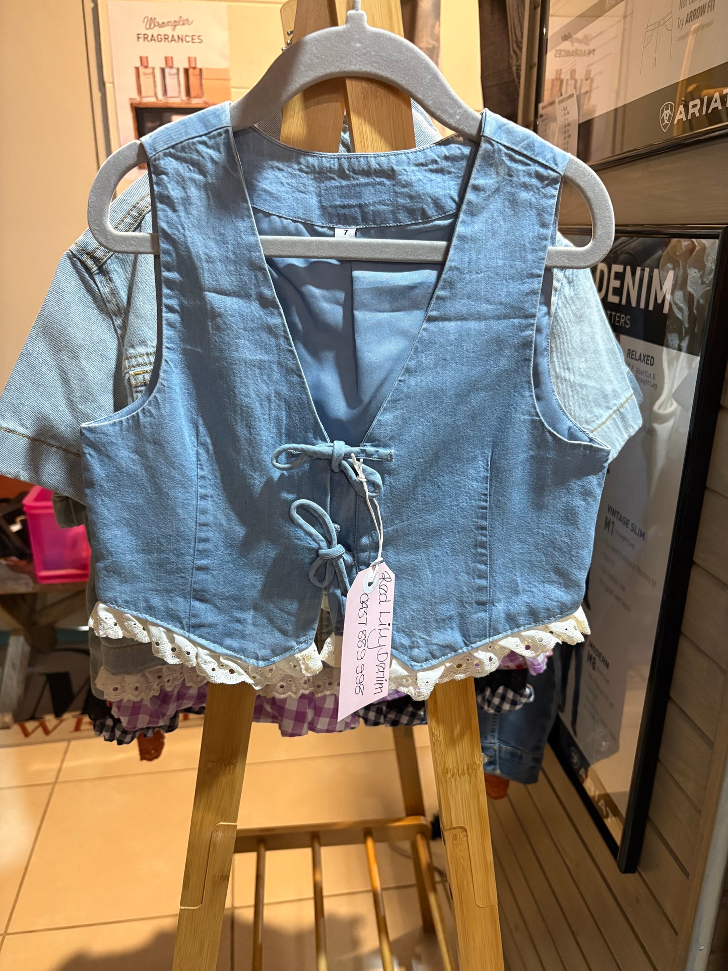 Red Lily Denim - Avah Girls Bow Vest Light - Chambray with cream lace trim