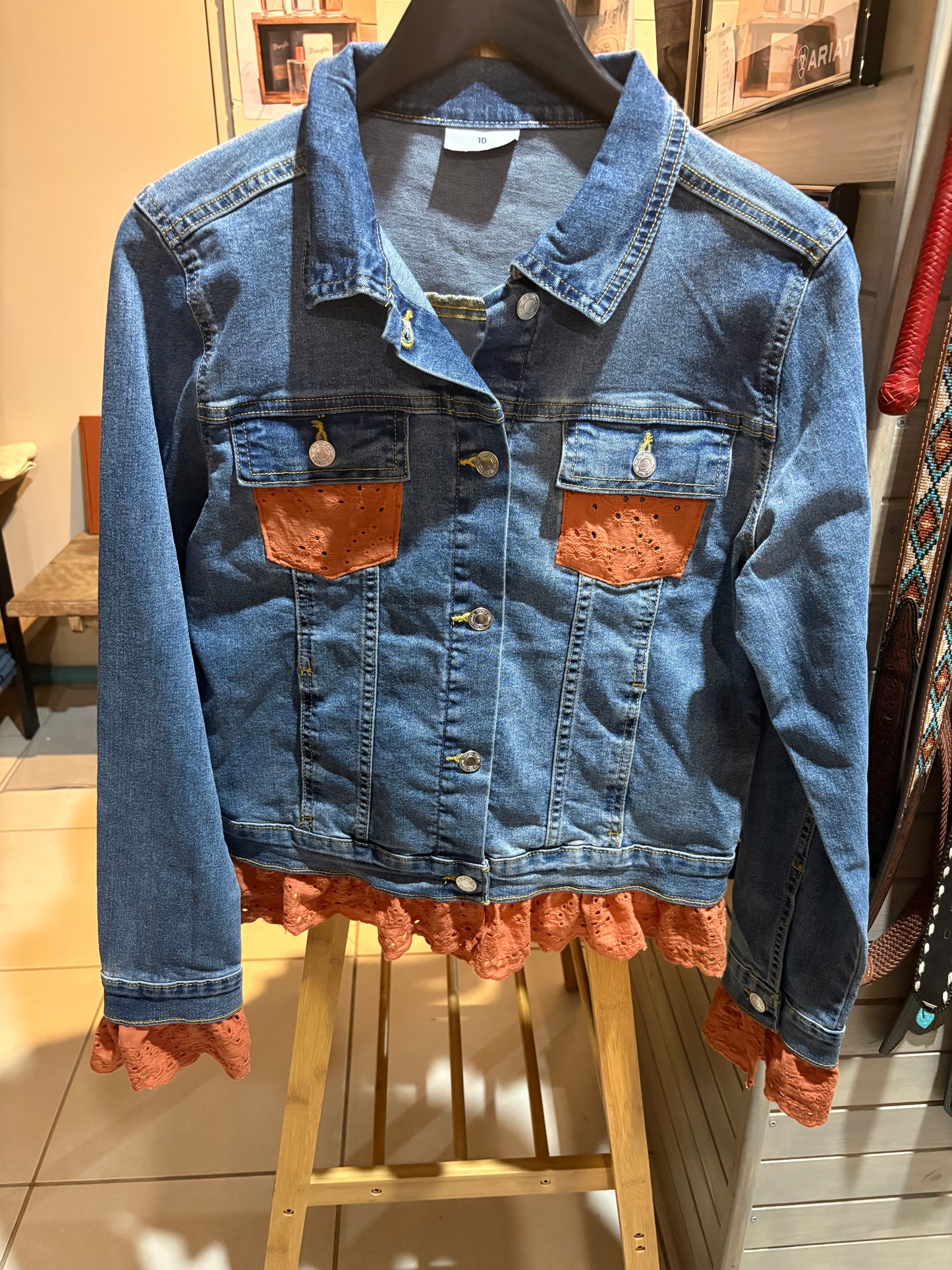 Red Lily Denim - Ladies Denim Jackets Tan Trim Lace