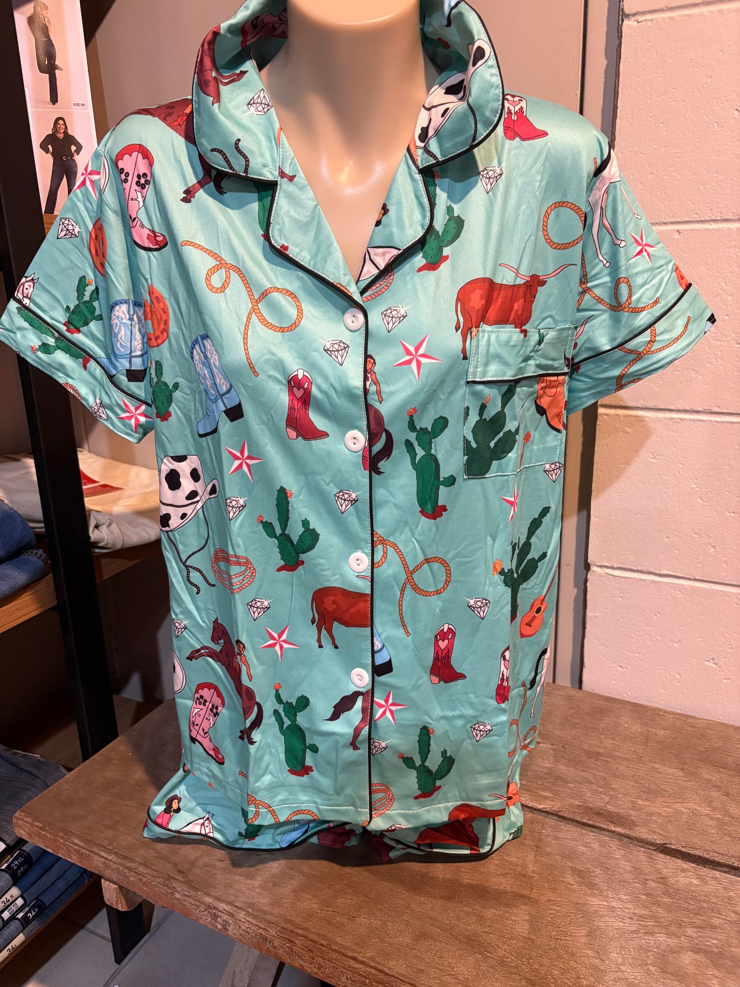 Western Ladies Pj's Aqua Western Print