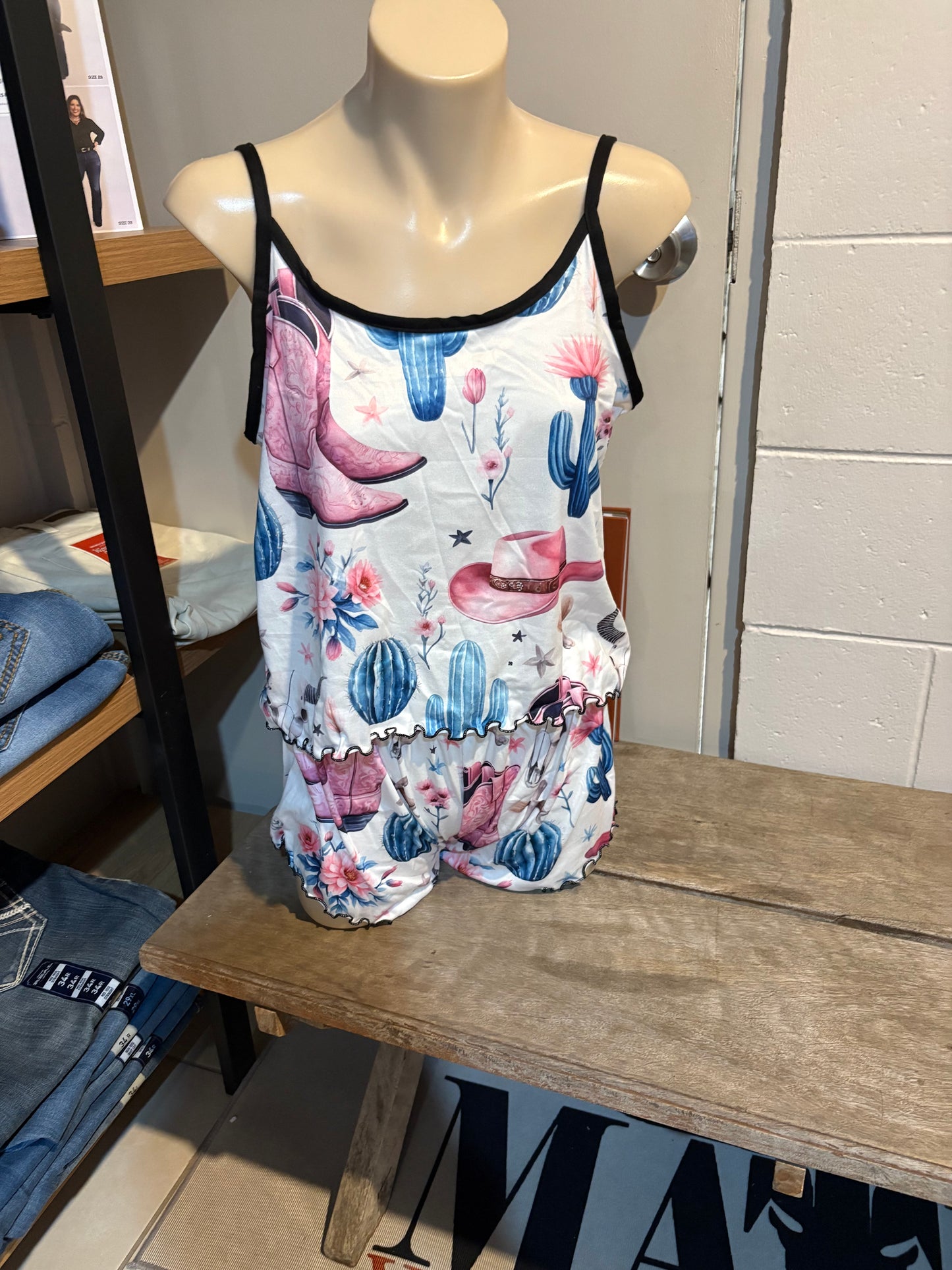 Western Ladies Pj's Short and Singlet Western print Blue