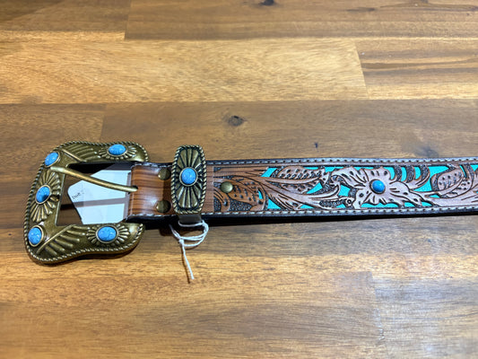 Western Turquoise leather belt 36'