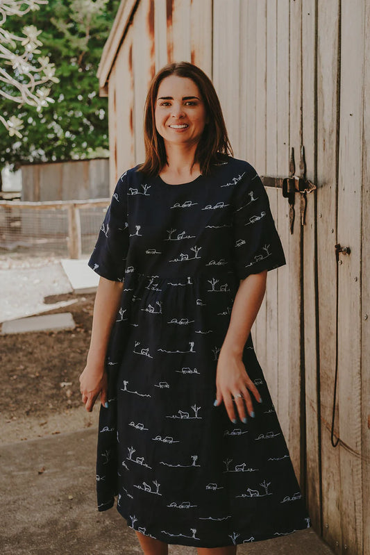 Outback Linen - Rural Outback Eclipse Navy Embroidered Organic Linen Short Sleeve Dress