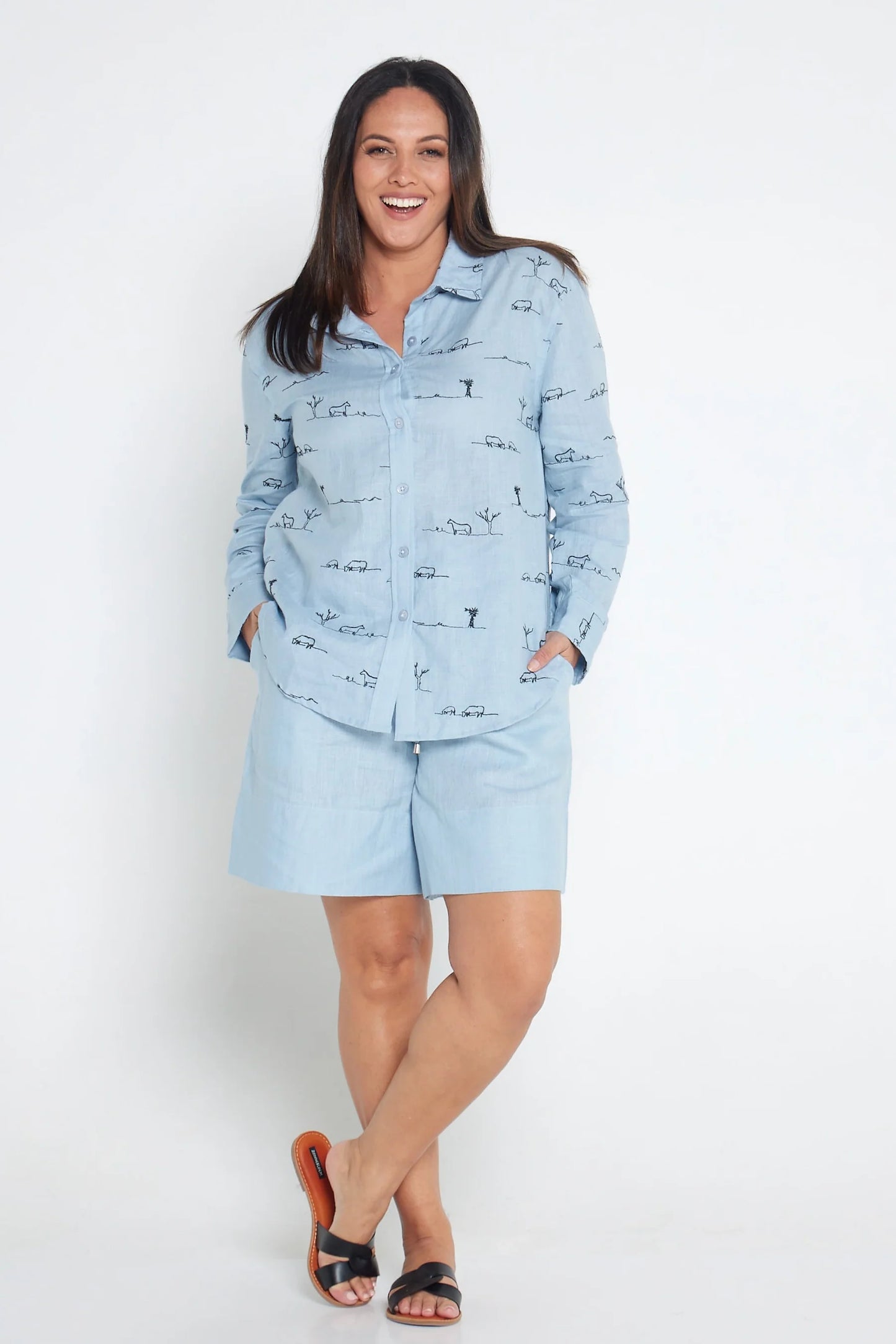 Rural Outback Sky Blue Embroidered Organic Long Sleeve Linen Shirt