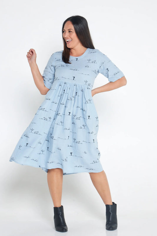 Outback Linen Rural Outback Sky Blue Organic Linen Short Sleeve Dress