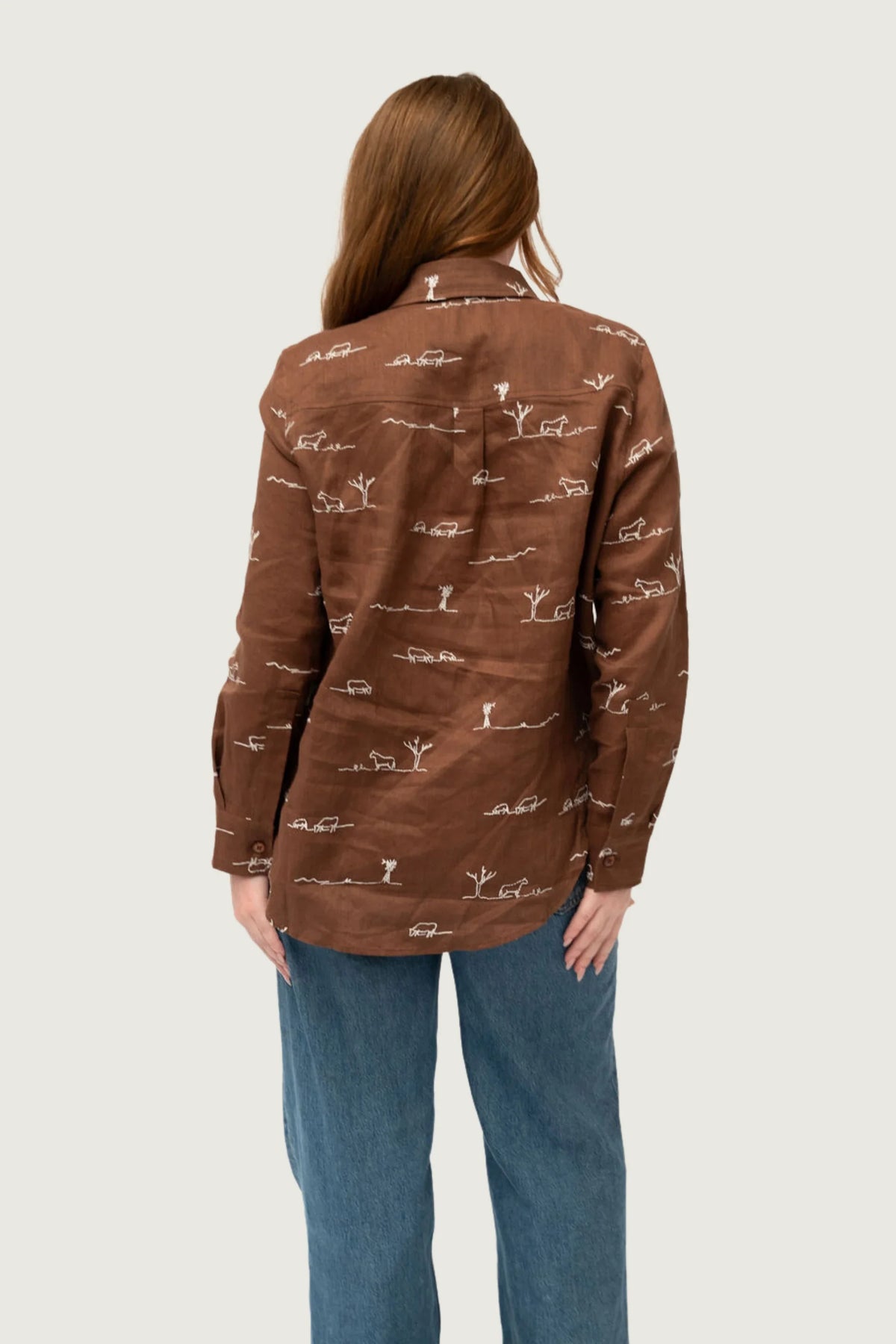 Outback Linen Rural Outback Smoked Cocoa Embroidered Linen Long Sleeve Shirt