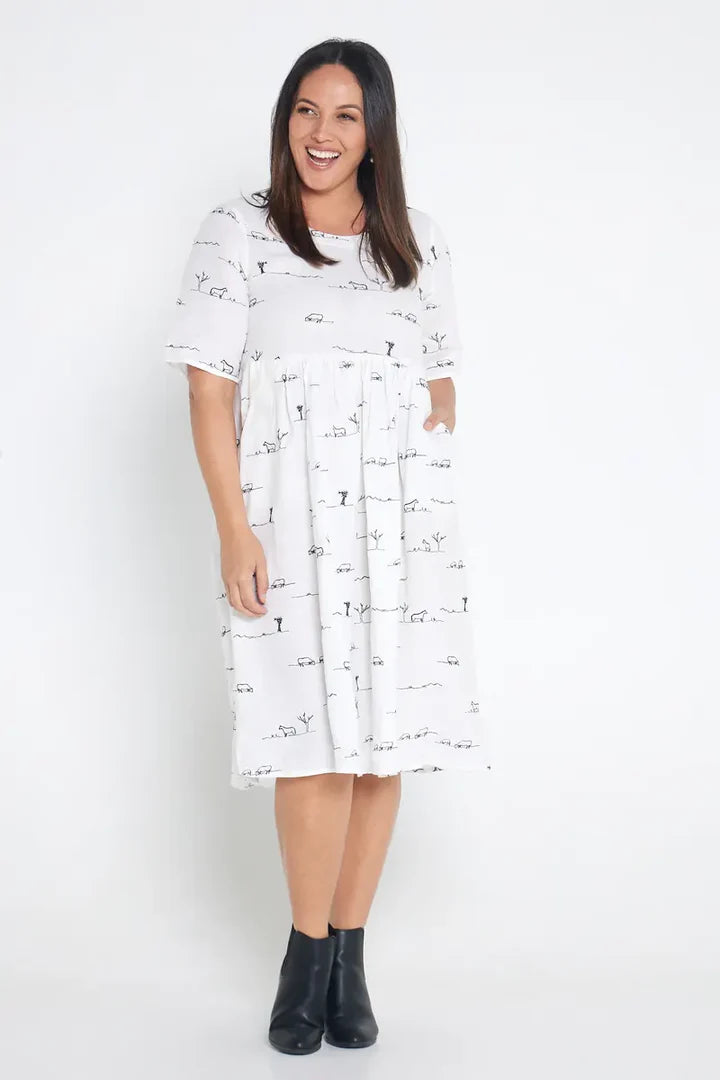 Outback Linen White Rural Outback Short Sleeve Organic Linen Dress