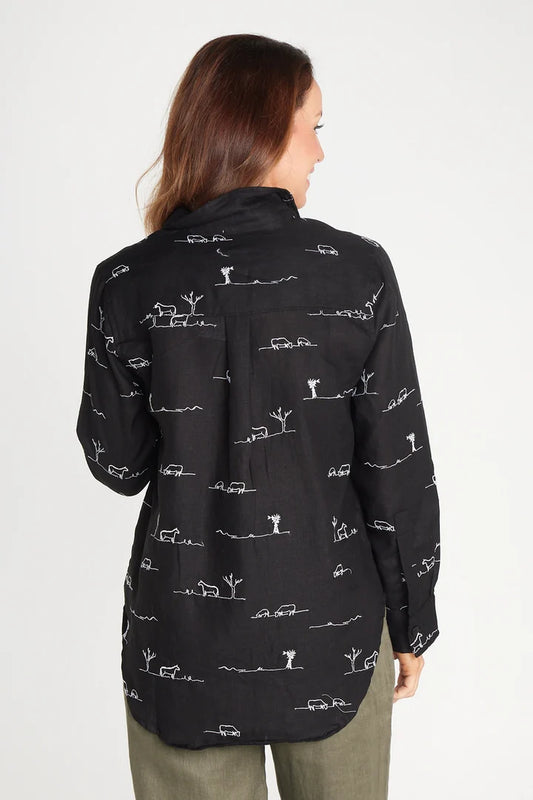 Outback Linen Rural Outback Black Embroidered Linen Shirt