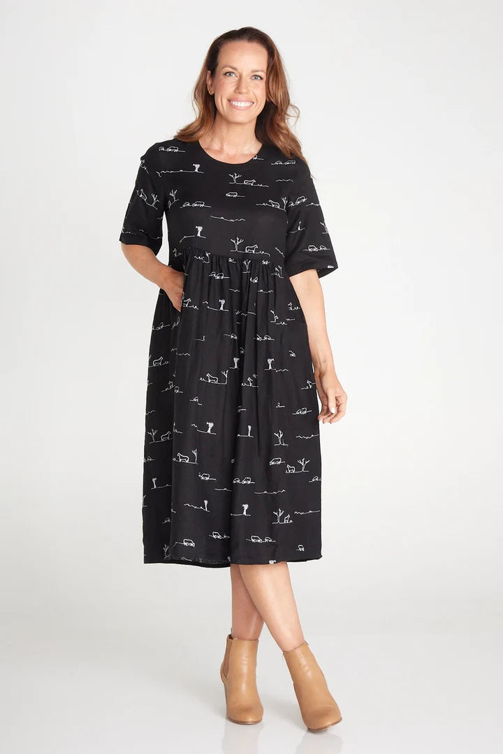 Rural Outback Black Embroidered Short Sleeve Dress