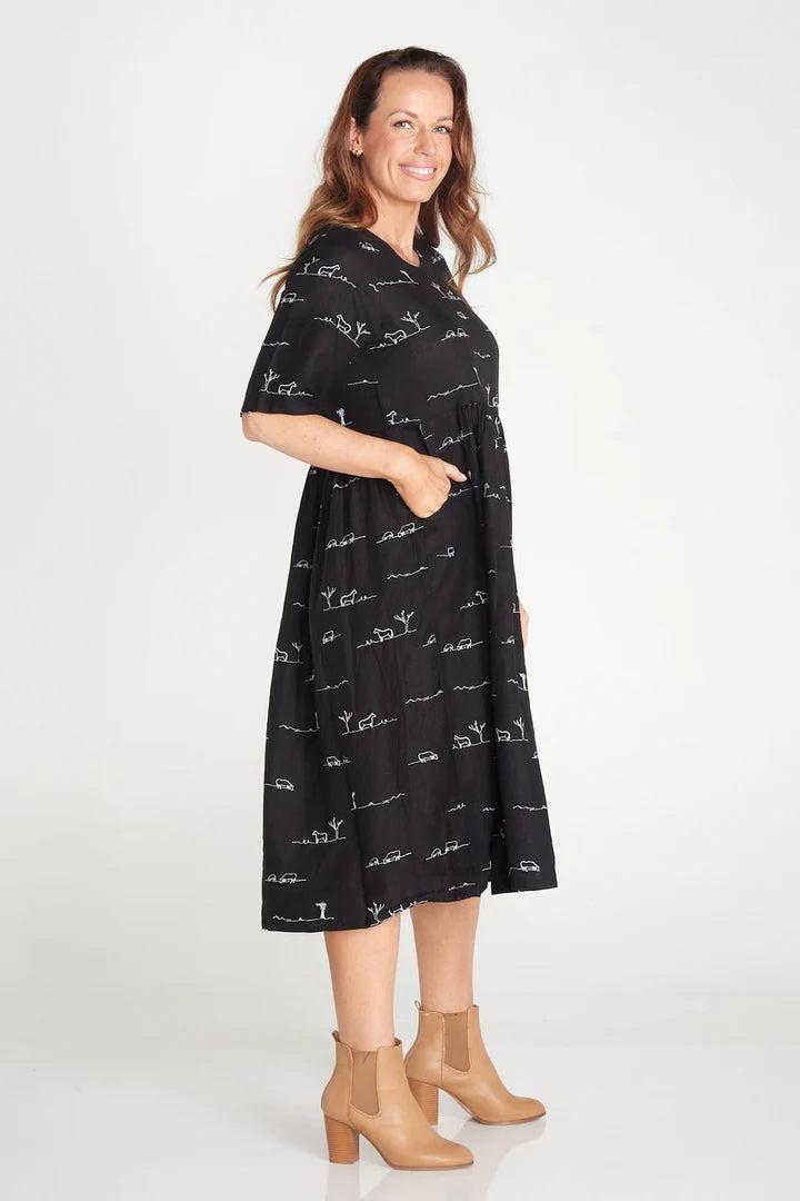 Rural Outback Black Embroidered Short Sleeve Dress