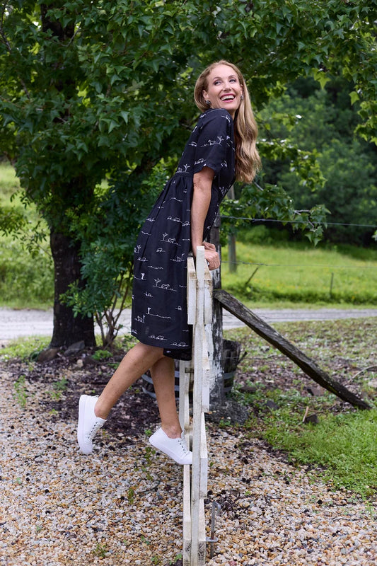 Outback Linen Rural Outback Black Embroidered Short Sleeve Dress