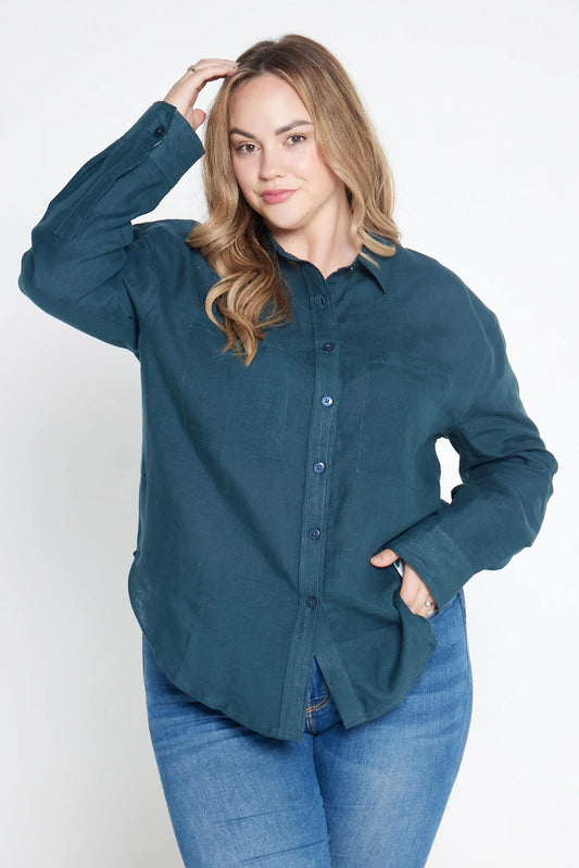 Outback Linen Midnight Bloom Organic Linen Shirt with Printed Cuffs