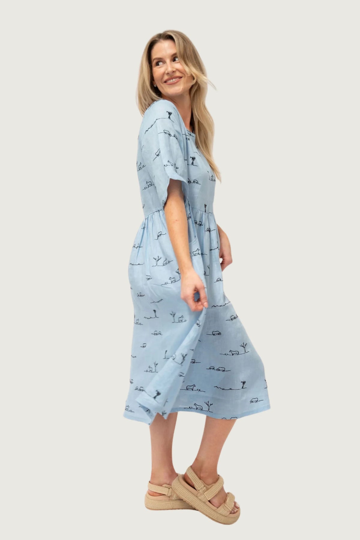 Rural Outback Linen Dress - Short Sleeve - Sky Blue