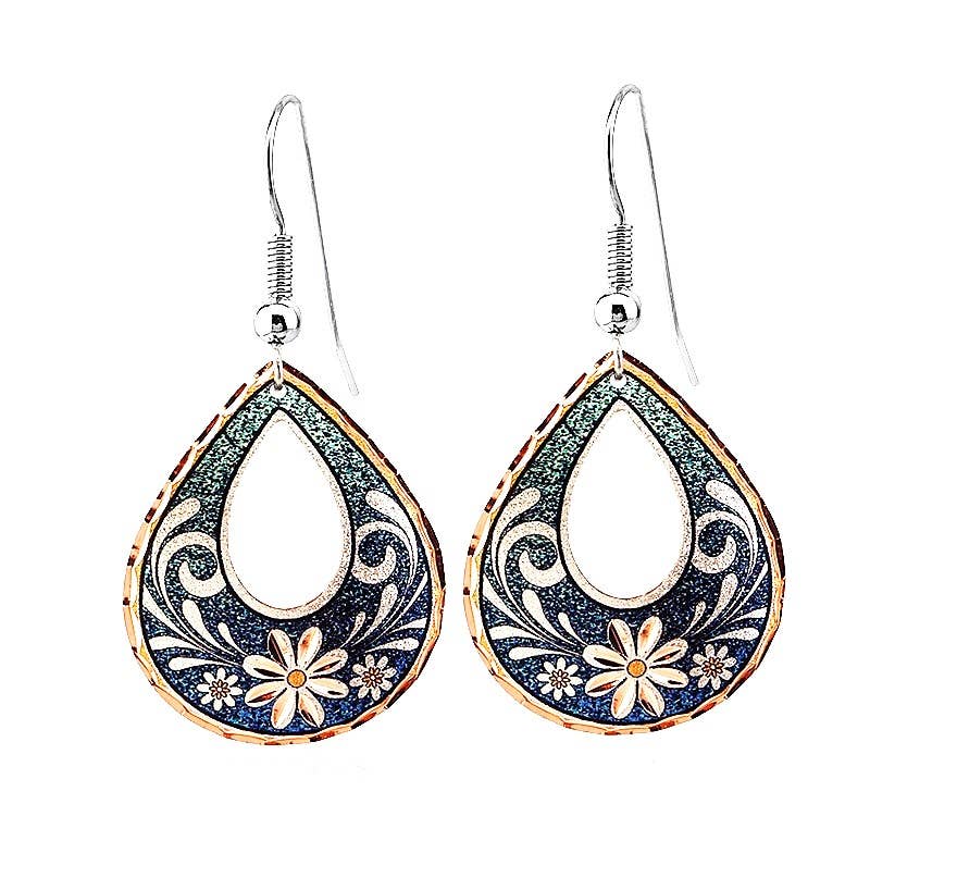 Copper Teardrop Green Daisy Flower Earrings
