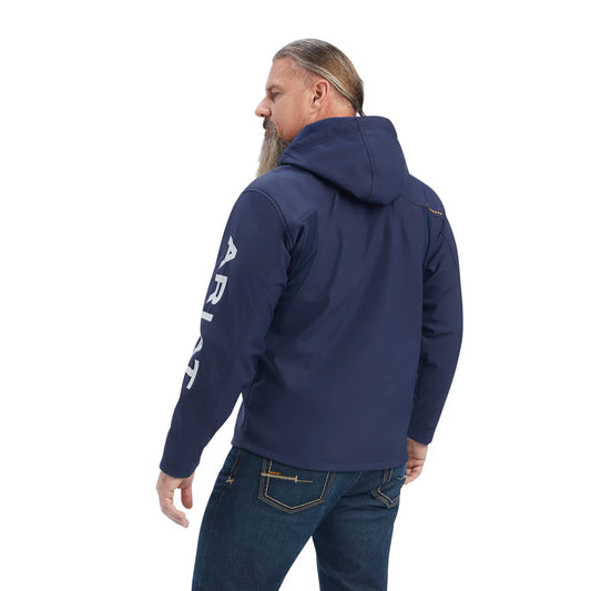 ARIAT MENS REBAR STRETCH CANVAS SOFTSHELL  HOODED LOGO JACKET NAVY / GREY
