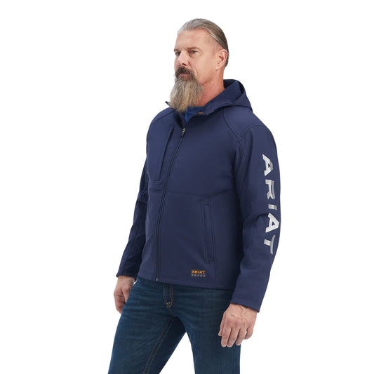 ARIAT MENS REBAR STRETCH CANVAS SOFTSHELL  HOODED LOGO JACKET NAVY / GREY