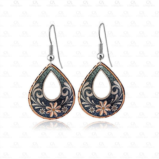 Copper Teardrop Green Daisy Flower Earrings