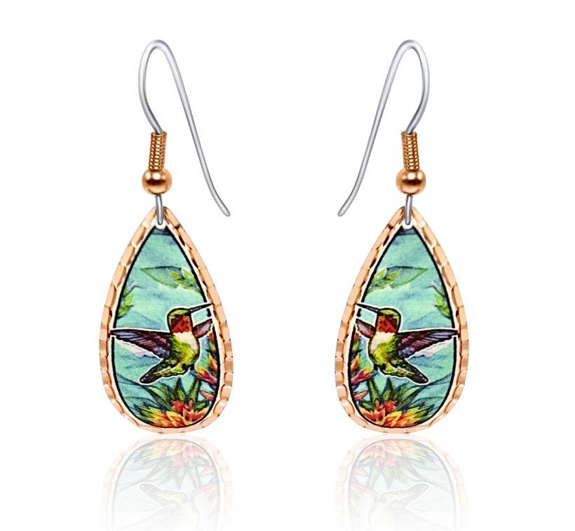 Copper Teardrop Hummingbird Earrings