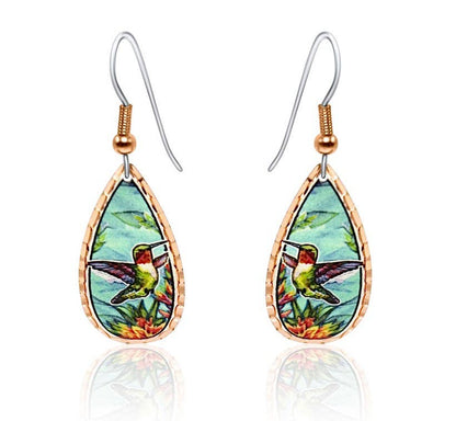 Copper Teardrop Hummingbird Earrings