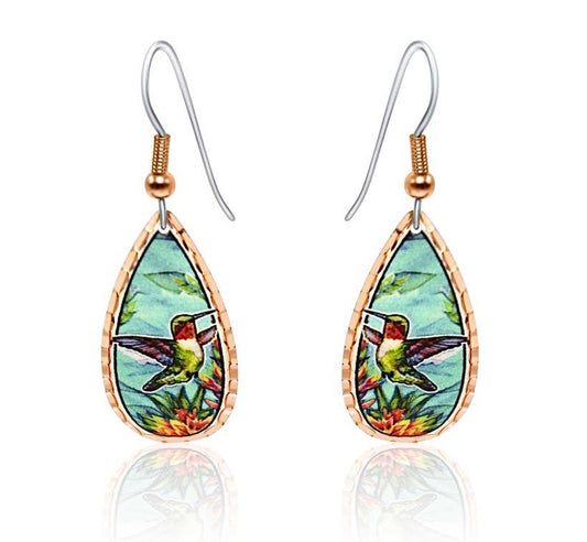 Copper Teardrop Hummingbird Earrings