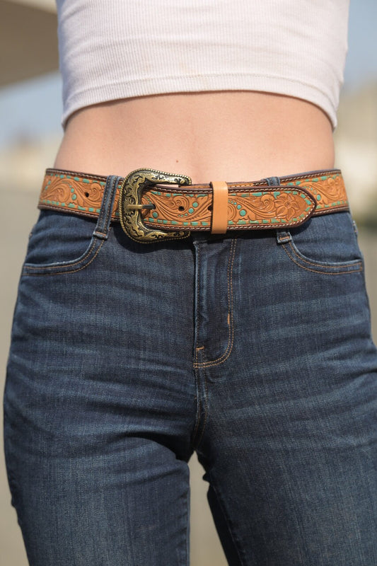 Tooling Leather Belt with Removable Buckle and Turq Paint Highlight- Belt08