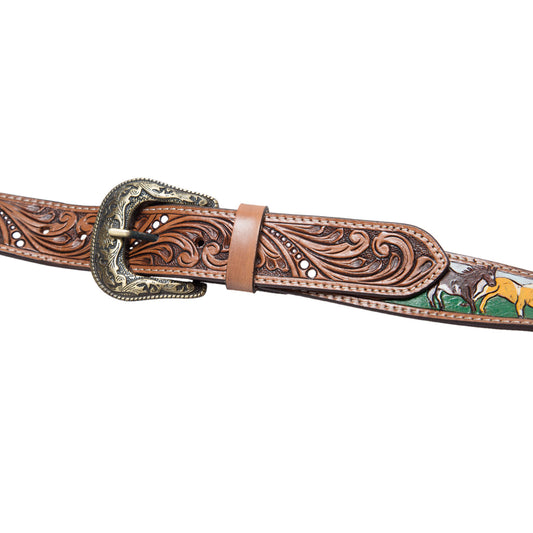Tooling Leather Belt with Removable Buckle and Horse Paint Highlight- Belt09