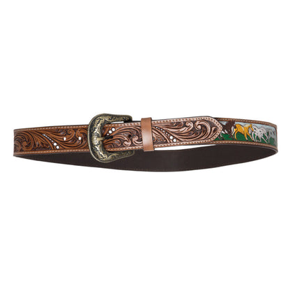 Tooling Leather Belt with Removable Buckle and Horse Paint Highlight- Belt09