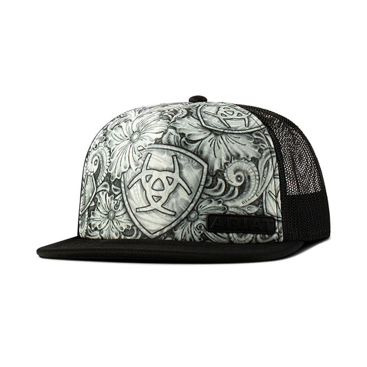 Men's Shield Logo Sketch Print Mesh Black White Snap Back Cap