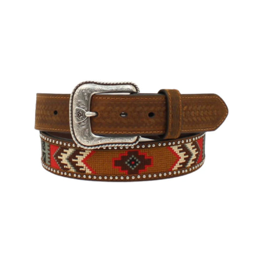 ARIAT MENS BELT EMBROIDERED INLAY ROUND CONCHOS BROWN - 34