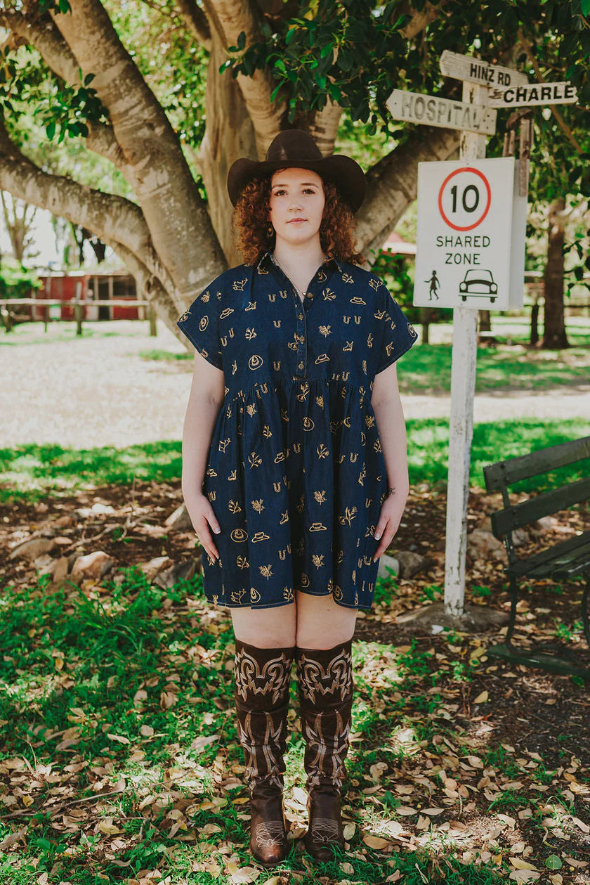 Outback Linen Lady Jane Dark Denim Embroidered Dress