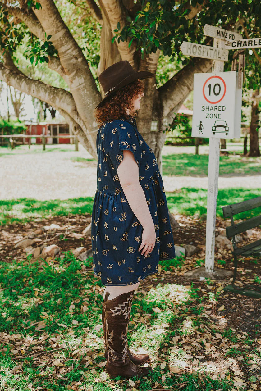 Outback Linen Lady Jane Dark Denim Embroidered Dress