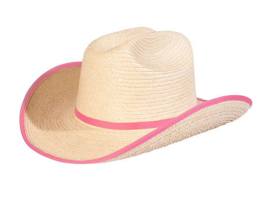 Sunbody Hats Kids Cattleman Palm Leaf Hat - Natural/Shocking Pink