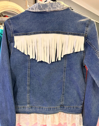 Red Lily Denim - White Leather and Lace Ladies Denim Jacket size 8