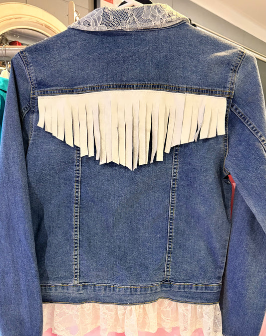 Red Lily Denim - White Leather and Lace Ladies Denim Jacket size 8