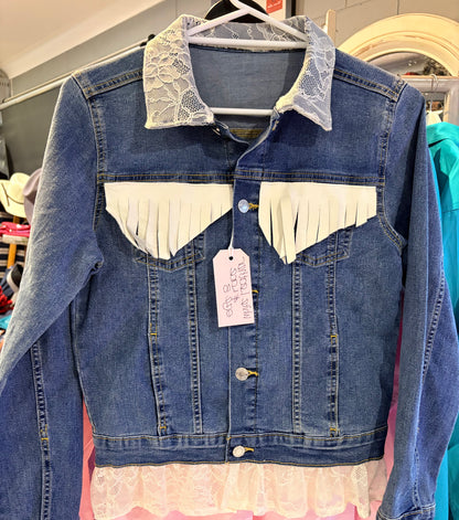 Red Lily Denim - White Leather and Lace Ladies Denim Jacket size 8