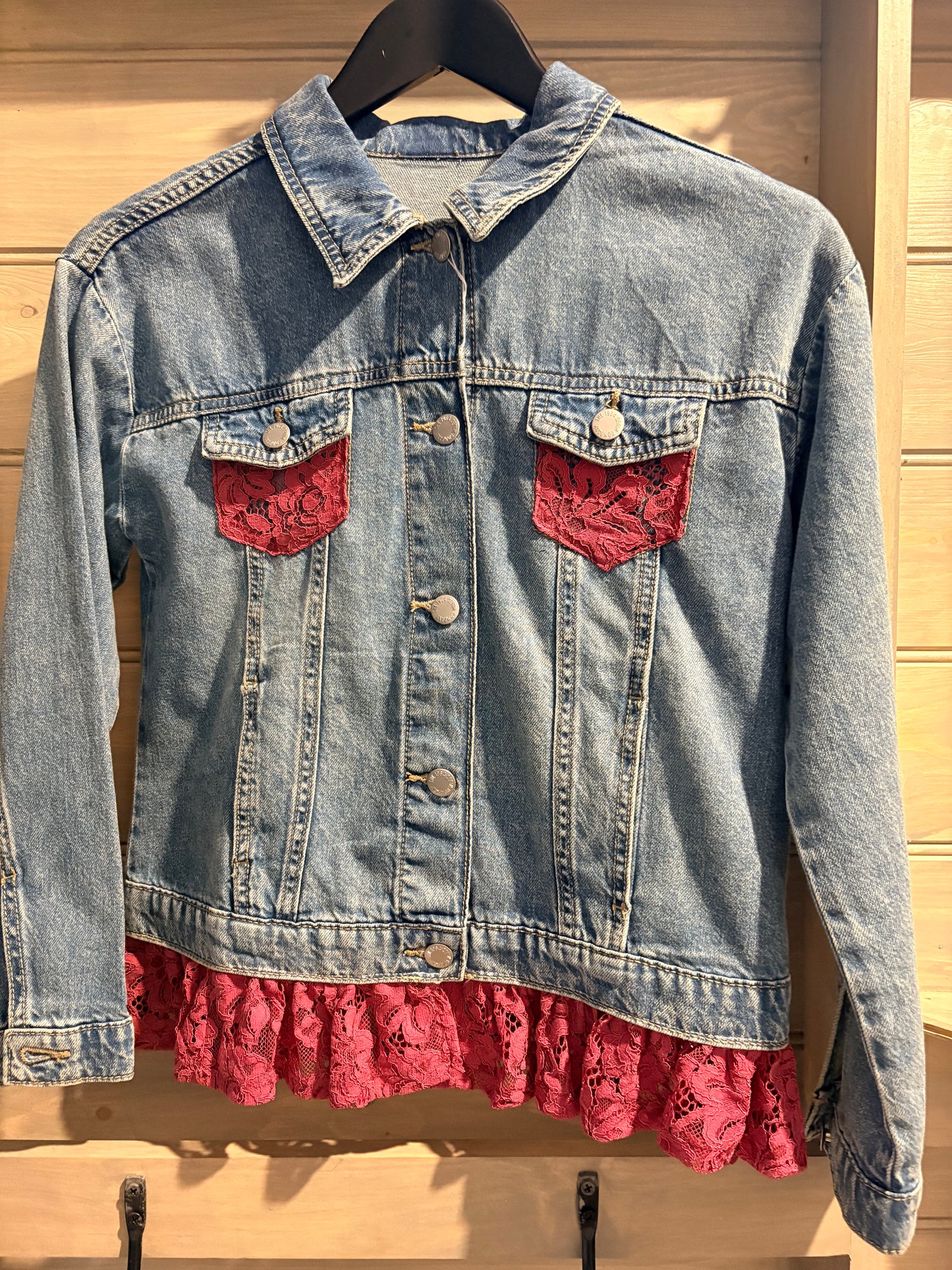 Red Lily Denim Jacket Ladies - Pink lace trim