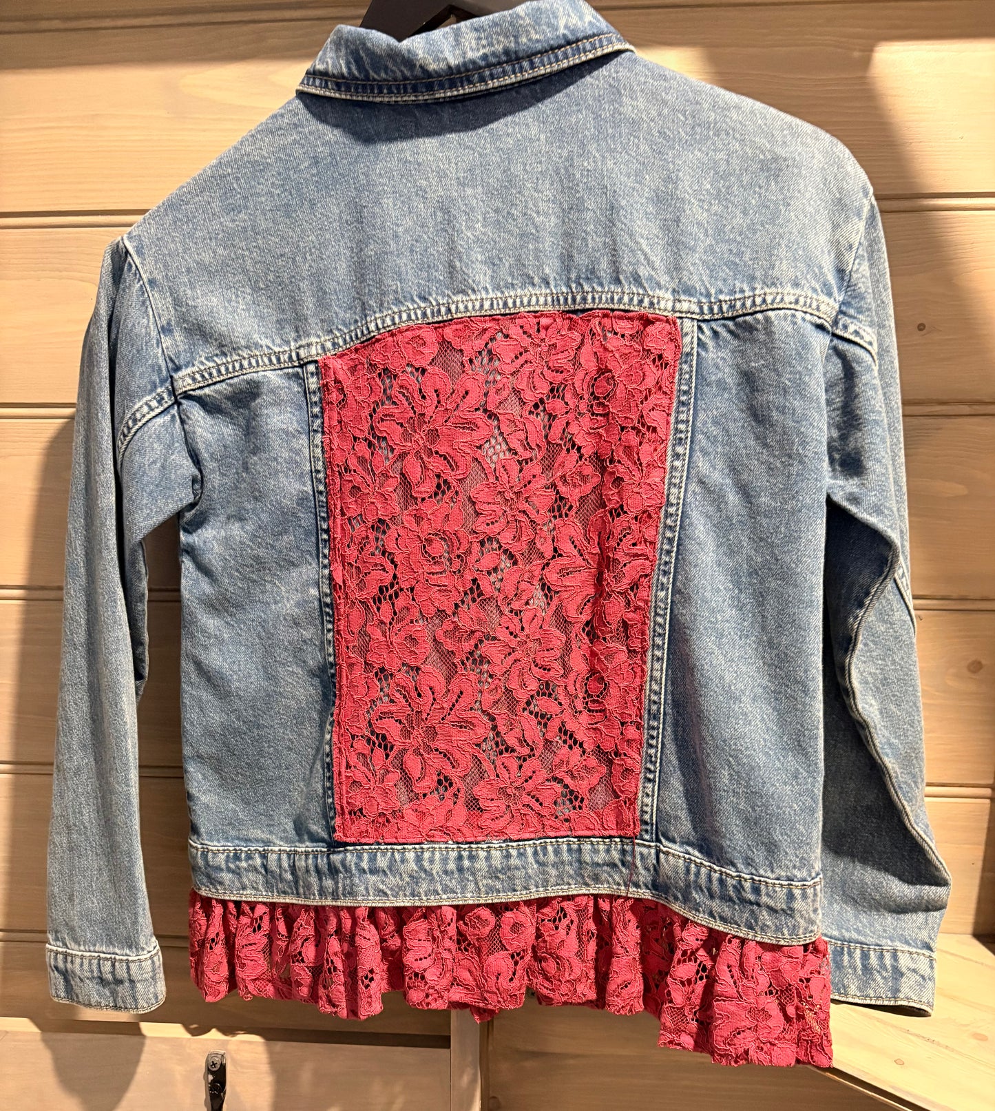 Red Lily Denim Jacket Ladies - Pink lace trim